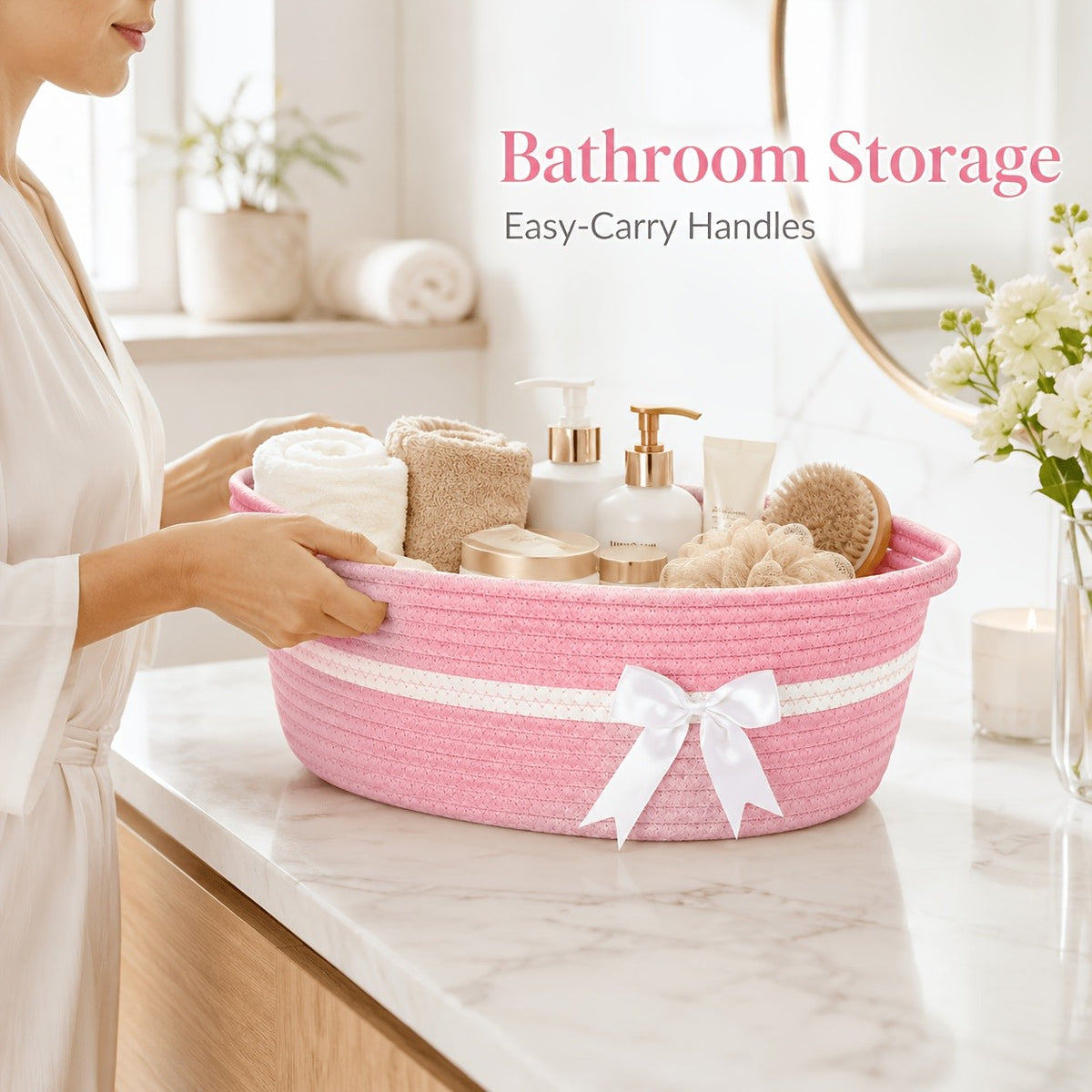 Decorative Gift Baskets with Handles, Pink and White or White and Red Storage Basket Set for Nursery Shelves, Living Room Display and Gifts