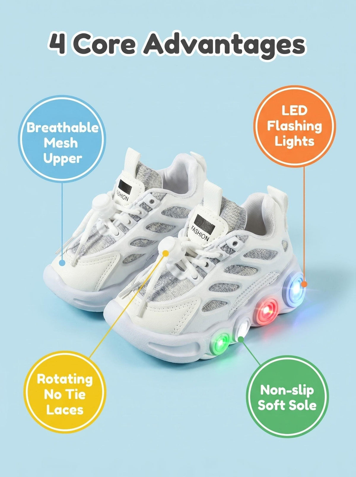 Color-Changing LED Toddler Shoes with Cartoon Design, Light-Up Kids Sneakers in Black or White for Boys and Girls, US Toddler and Little Kid Sizes