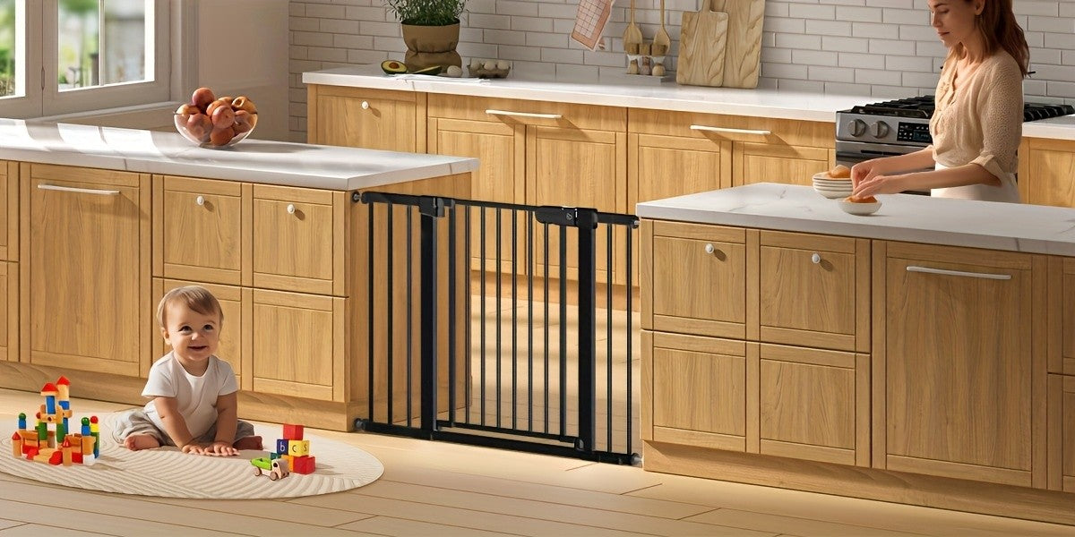 Adjustable Metal Gate 27-43 Inches Wide for Home Openings, Black or White Barrier for Doorway Planning and Family Spaces, Check Fit Before Installation