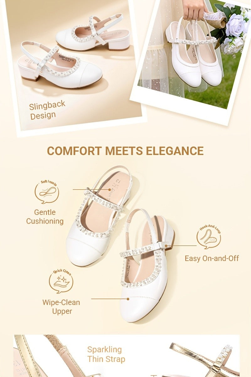 Girls Slingback Party Heels with Round Toe, Dress Shoes for Little and Big Kids for Weddings, Flower Girl Outfits and Princess-Inspired Occasions