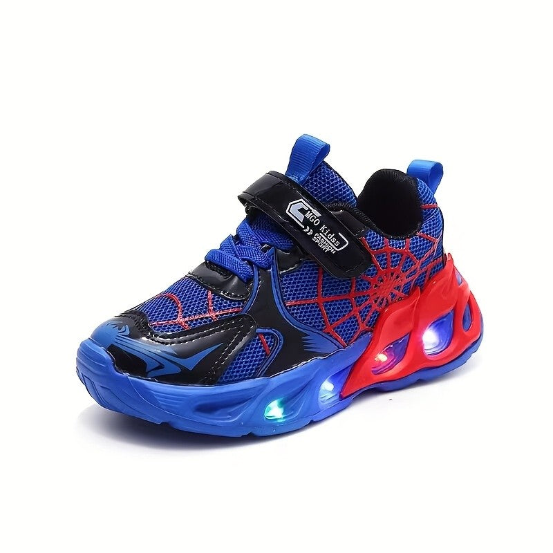 Kids Light-Up Spider Web Sneakers with Breathable Mesh Upper, LED Flashing Athletic Shoes for Boys and Girls in Red or Blue for Everyday Wear