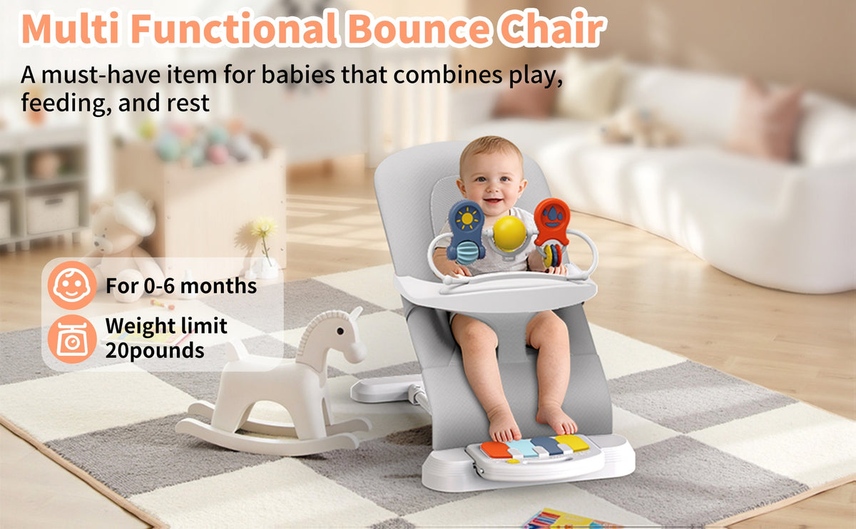 Piano Baby Bouncer and Rocker, 3-in-1 Portable Seat with Detachable Keyboard, Feeding Tray, Play Bar and Three Adjustable Incline Positions