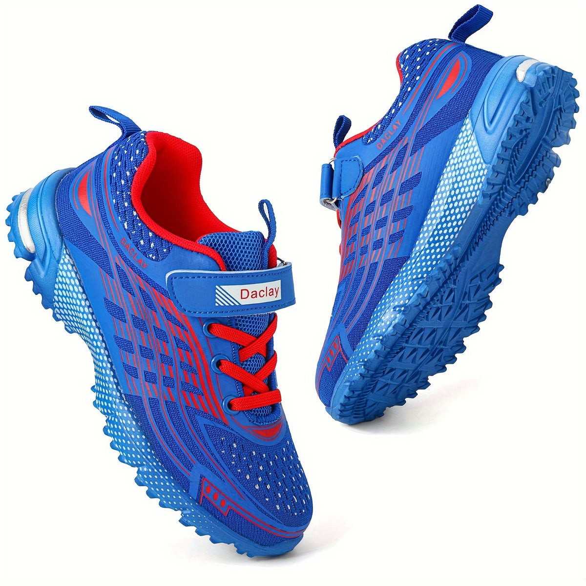 Boys Hook-and-Loop Sneakers in Blue, Breathable Low-Top Sport-Style Shoes with Geometric Pattern for Little Kid and Big Kid Casual Outings