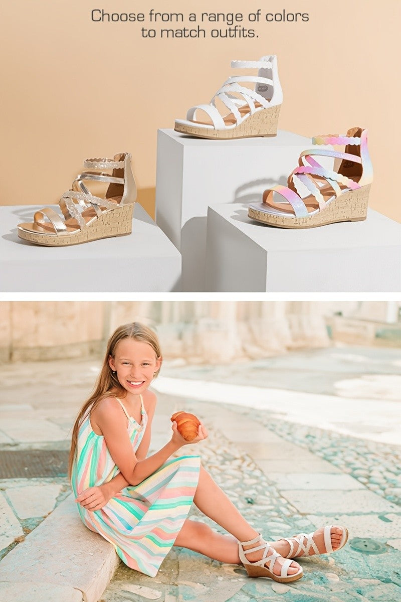 Girls Wedge Dress Sandals with Flower Detail and Shimmering Straps, Open Toe Zip-Back Party and Wedding Shoes for Little Kids and Big Kids