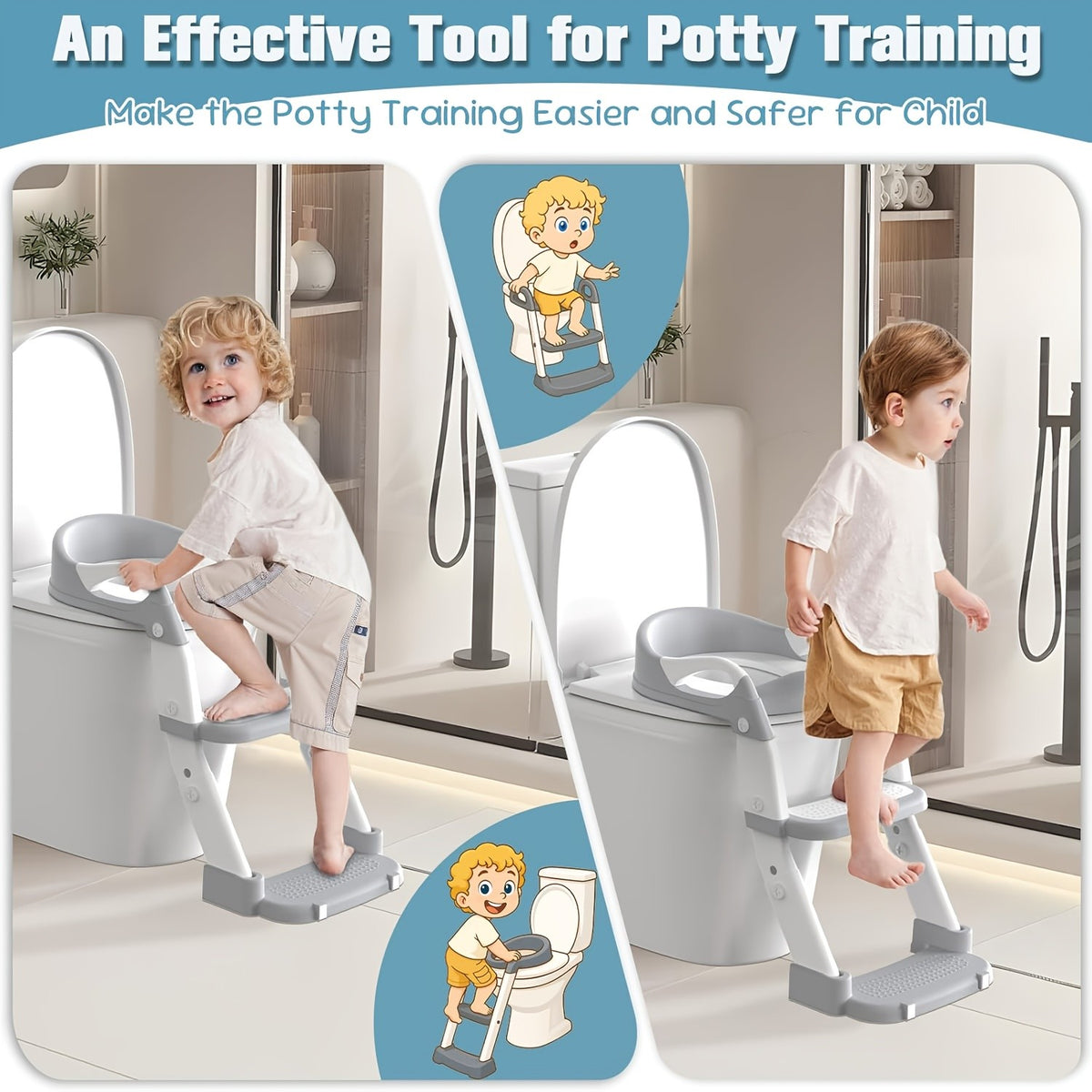 Toddler Potty Seat with Safety Harness, 3-in-1 Foldable Portable Toilet Trainer and Adjustable Step Stool for Boys and Girls