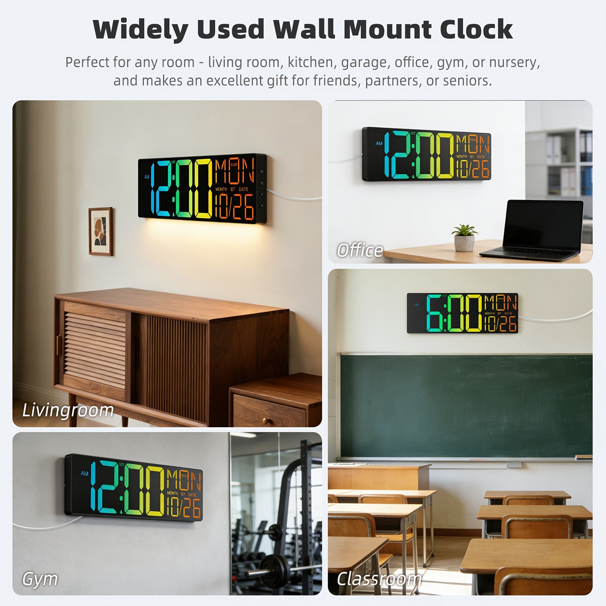 LED Digital Wall Clock 18 Inch with 8 RGB Display Colors, Remote Control and 10-Level Dimming, Timer, Temperature and Alarm for Home Rooms