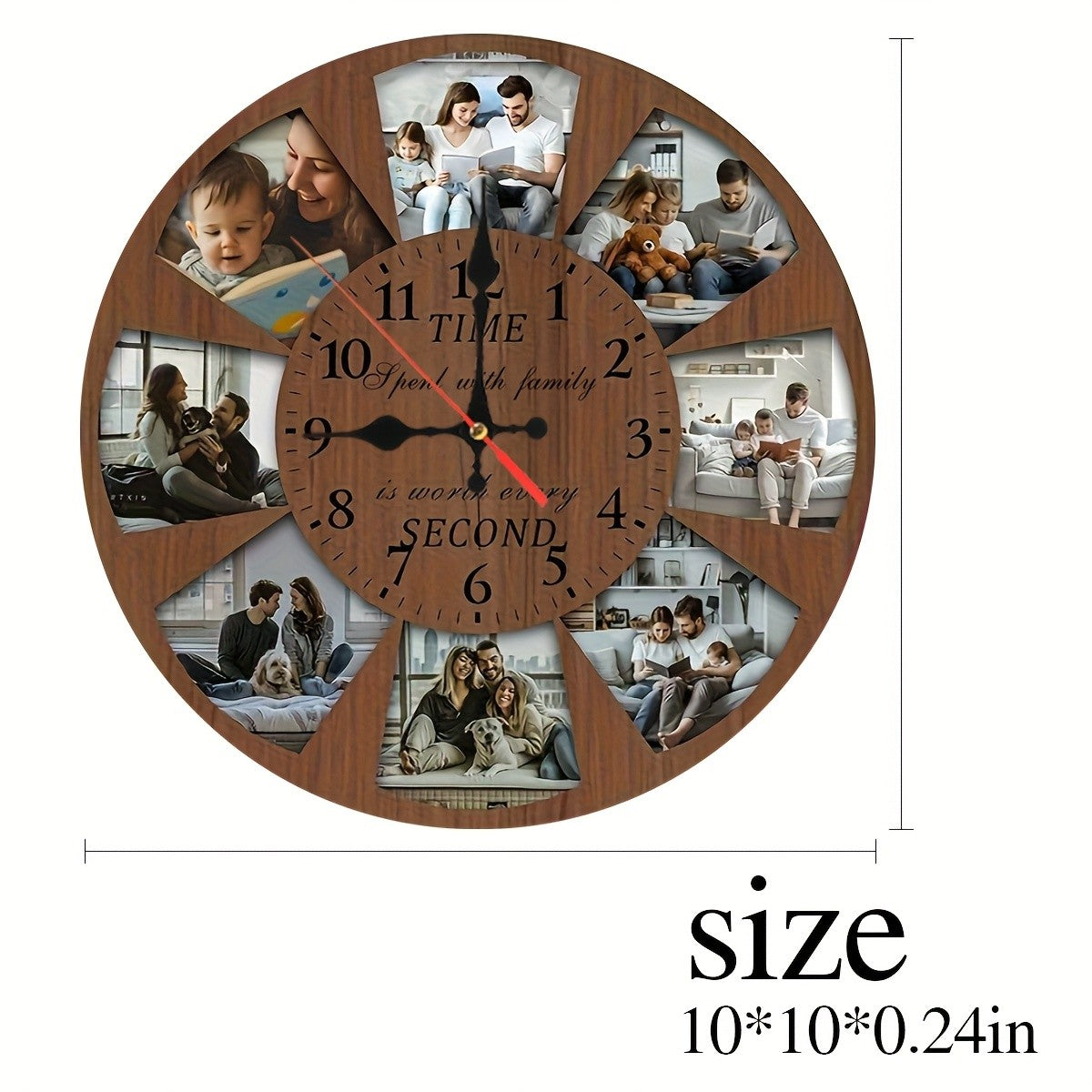 Custom Photo Collage Nursery Wall Clock with Round Wood-Grain Look, Personalized Battery-Operated Room Decor in 9.9 or 11.9 Inch Sizes