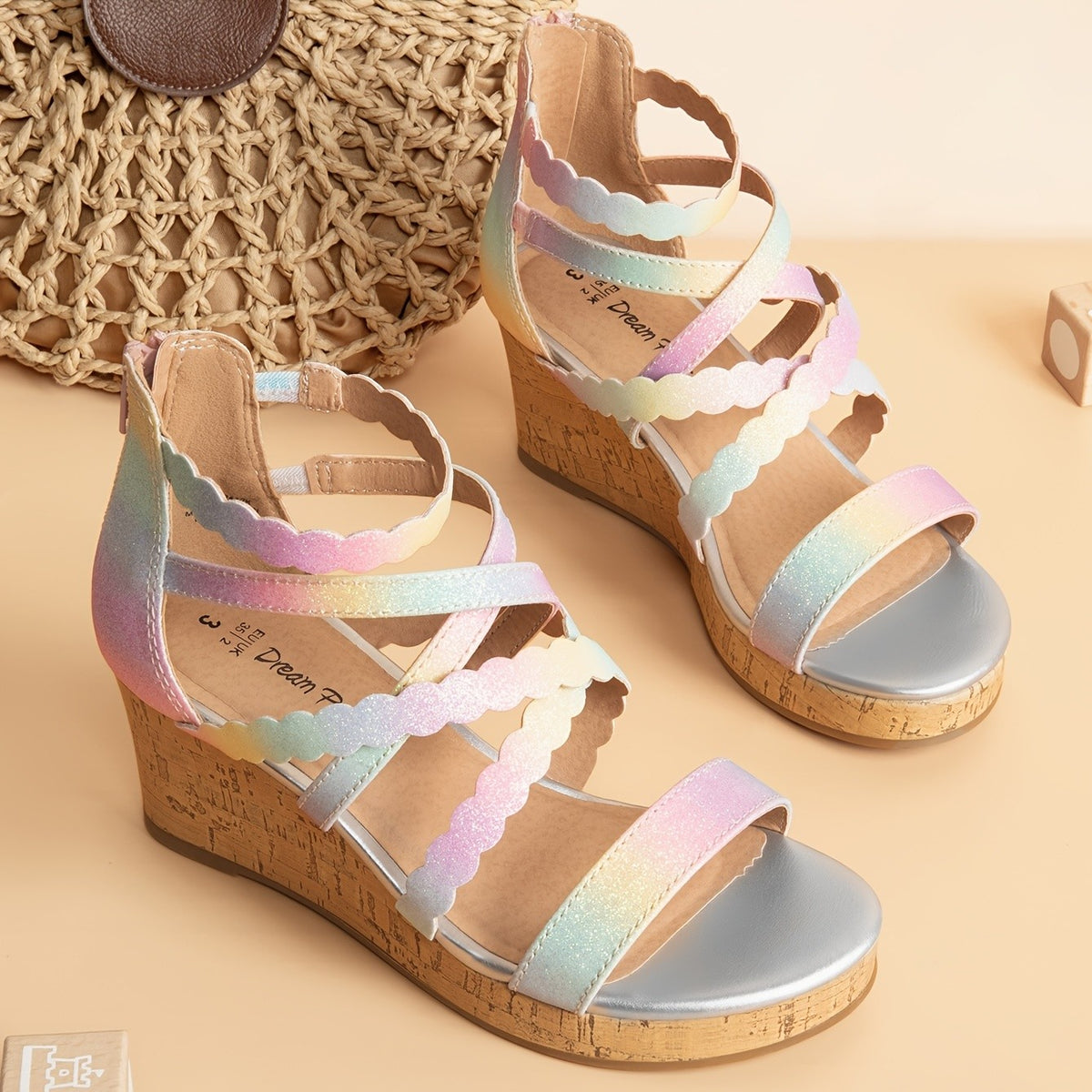 Girls Wedge Dress Sandals with Flower Detail and Shimmering Straps, Open Toe Zip-Back Party and Wedding Shoes for Little Kids and Big Kids