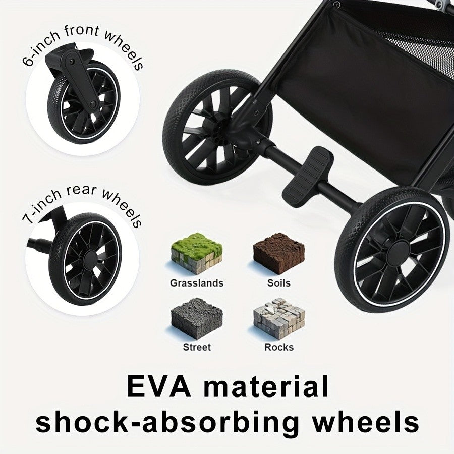 Compact Folding Baby Stroller with Reclining Seat, Canopy and Under-Seat Storage Basket, Black or Khaki Travel Pushchair for Family Outings