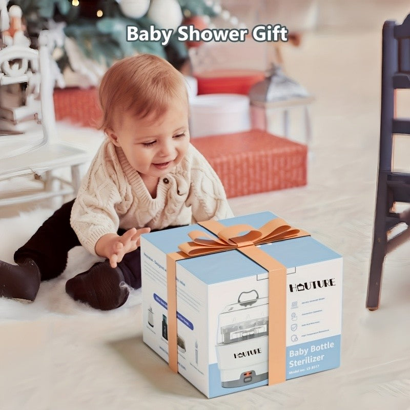 One-Button Baby Bottle Steam Sterilizer, BPA-Free White Countertop Sanitizer with Accessory Rack and Auto Shut-Off for Compatible Feeding Parts