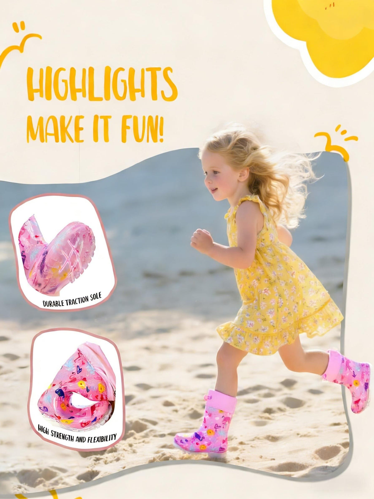 Pink Flamingo Rain Boots for Kids with Drawstring Cuffs, Soft Easy-Clean Design for Rainy-Day Outings, Toddler, Little Kid & Big Kid Sizes