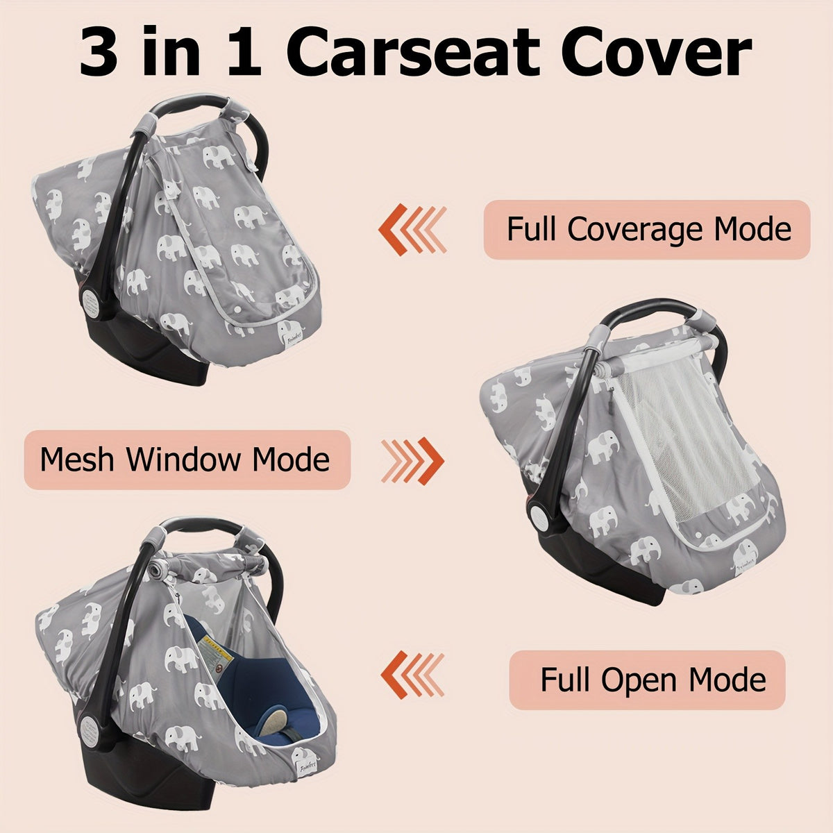 Stretchy Infant Carrier Cover with Large Window, Beavtaens Breathable Baby Car Seat Canopy in Elephant, Flower, Leaves, Rainbow or Sun Prints