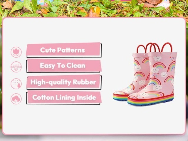 Easy-On Kids Rain Boots with Pull-Up Handles, Soft PVC Toddler to Big Kid Boots with Rainbow Unicorn and Color Options for Rainy Days and Outdoor Play