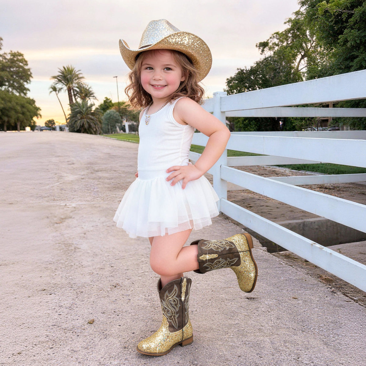 Kids Glitter Cowgirl Boots, Sparkly Western Mid-Calf Pull-On Shoes with Embroidered PU Upper, Round Toe and Easy-Grip Tabs for Girls’ Dance, Dress-Up, Parties & Everyday Play
