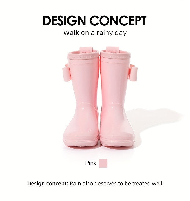 Girls Bow Rain Boots with Pull Tabs, Lightweight One-Piece Molded Toddler and Little Kid Boots in Pink, Burgundy, Dark Violet or Black for Rainy-Day Outings