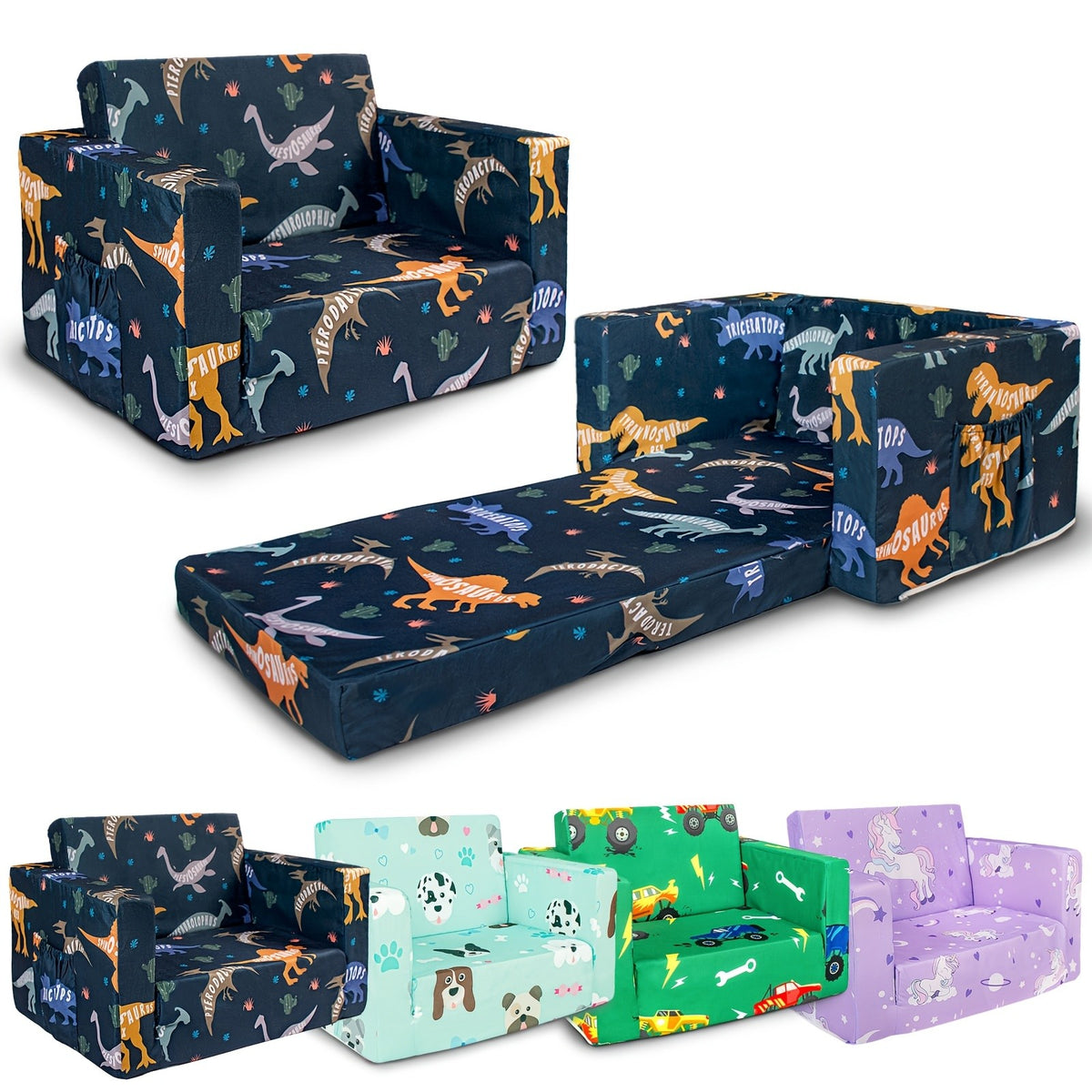 Convertible Kids Sofa Bed, 2-in-1 Fold-Out Toddler Couch and Lounge Chair with Removable Washable Cover for Reading and Playroom Relaxing