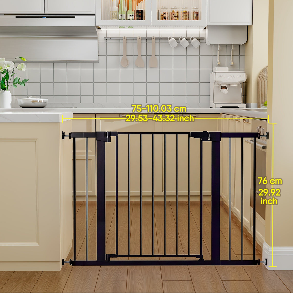 Adjustable Metal Gate 27-43 Inches Wide for Home Openings, Black or White Barrier for Doorway Planning and Family Spaces, Check Fit Before Installation