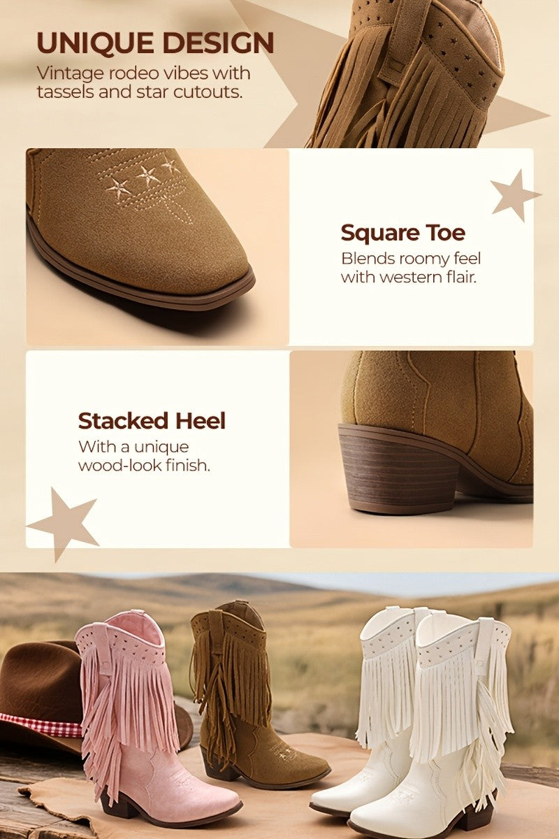 Tassel Fringe Western Ankle Boots for Girls - Star Cutout Cowgirl Boots with Soft Lining, Stable Heel, Easy Slip-On for Parties, Playtime & Dress-Up Fun