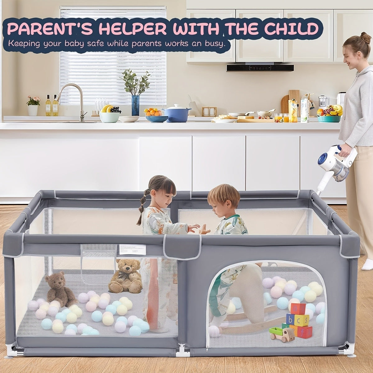Baby Playpen Fence with Soft Breathable Mesh, Indoor Outdoor Kids Activity Enclosure in Gray or Beige with Size and Mat Bundle Options