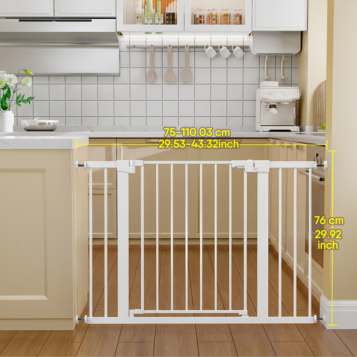Adjustable Metal Gate 27-43 Inches Wide for Home Openings, Black or White Barrier for Doorway Planning and Family Spaces, Check Fit Before Installation