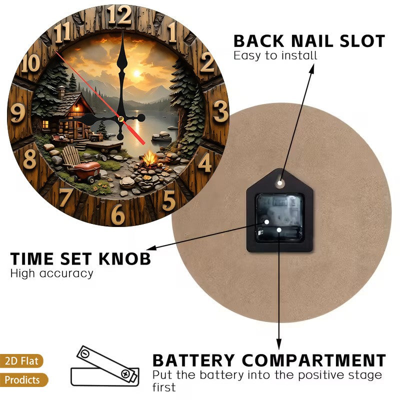 Mountain Cabin Campfire Nursery Wall Clock, Silent Non-Ticking Battery-Powered Decor for Baby Room, Bedroom, Kitchen or Living Room