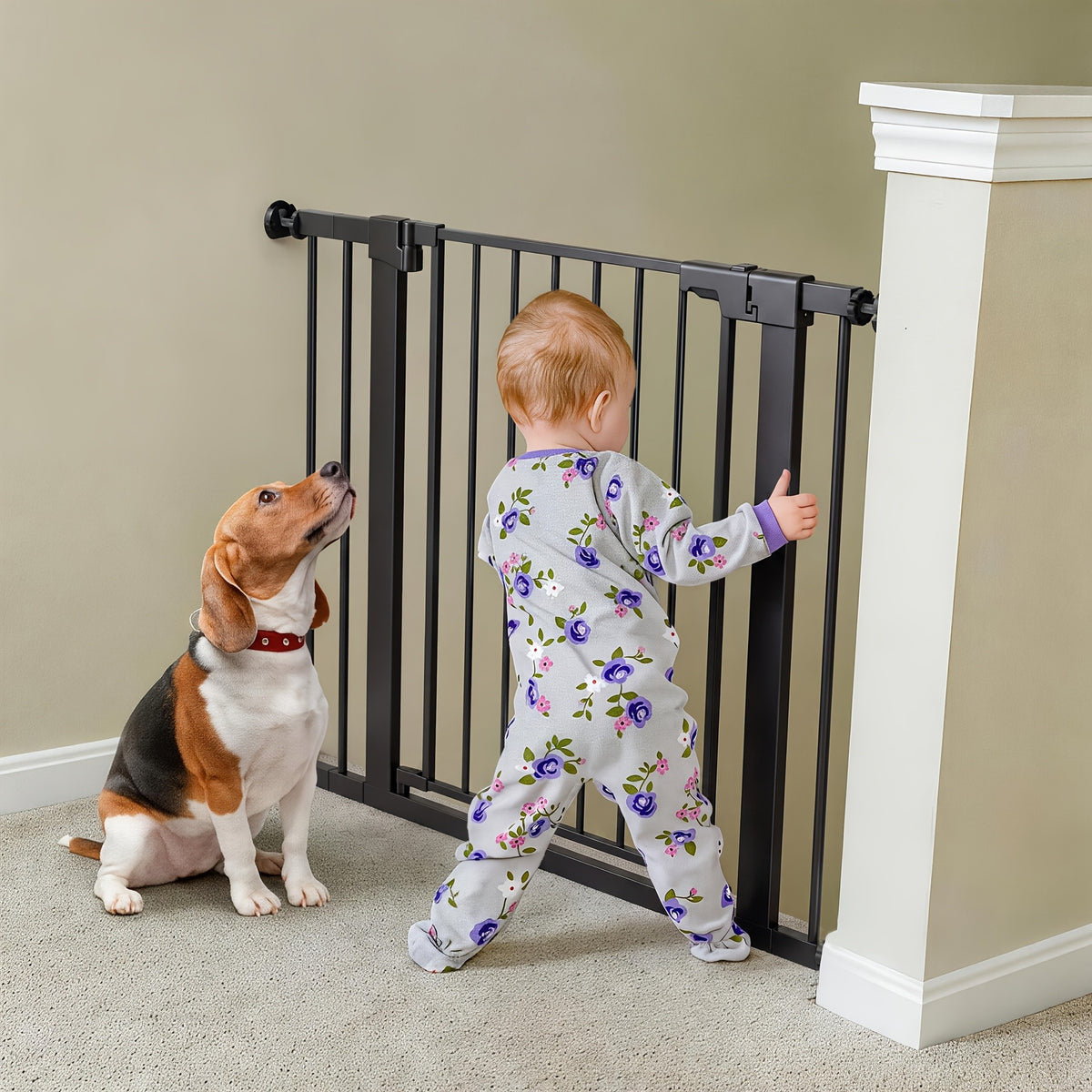 Adjustable Metal Gate 27-43 Inches Wide for Home Openings, Black or White Barrier for Doorway Planning and Family Spaces, Check Fit Before Installation