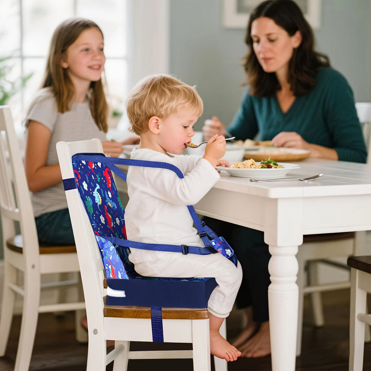 Kids Dining Chair Cushion with Backrest and Adjustable Straps, Foldable Oxford Cloth Seat Pad with Removable Washable Cover for Home and Travel