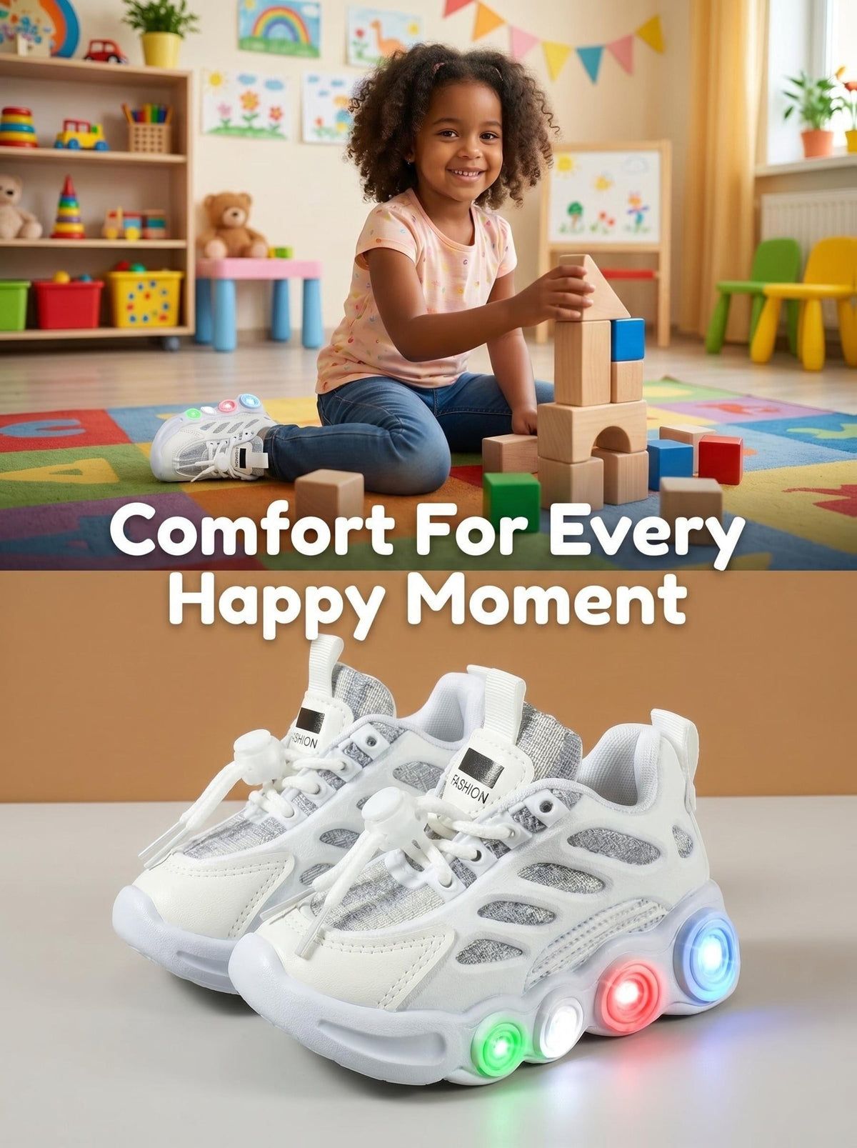 Color-Changing LED Toddler Shoes with Cartoon Design, Light-Up Kids Sneakers in Black or White for Boys and Girls, US Toddler and Little Kid Sizes
