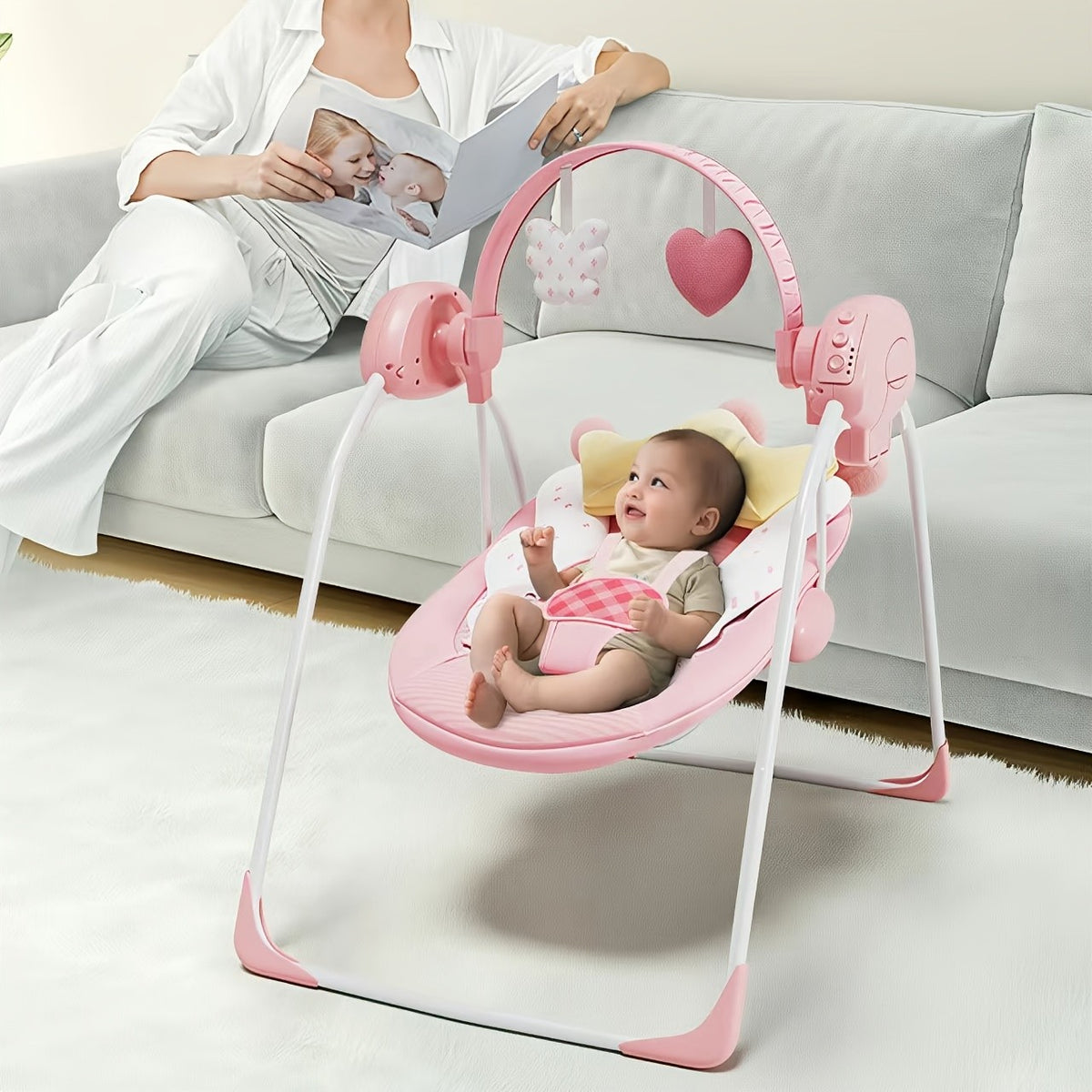 Foldable Baby Swing with Adjustable Speed and Timer, Green or Pink Infant Seat with Hanging Toy Arch for Supervised Awake Use, Up to 20 lbs