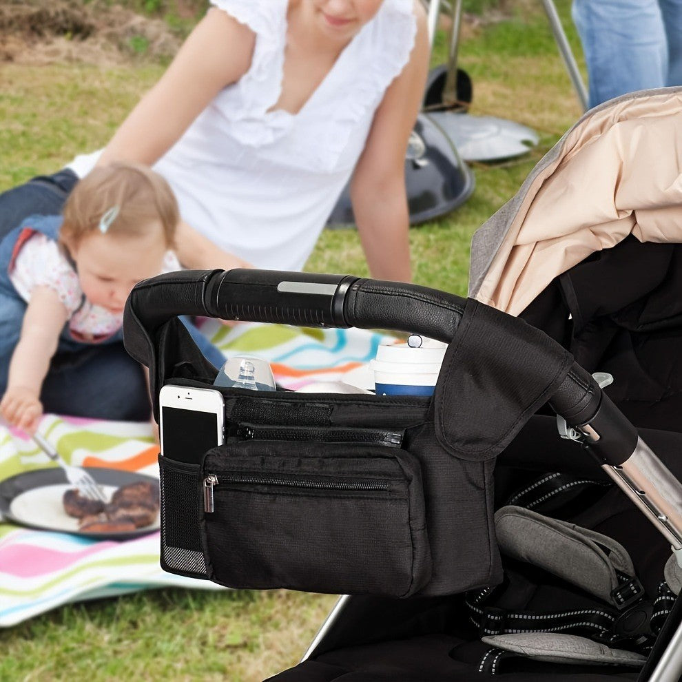 Stroller Console Bag with Dual Cup Holders, Black Hanging Organizer with Detachable Wristlet Phone Pouch and Adjustable Shoulder Strap