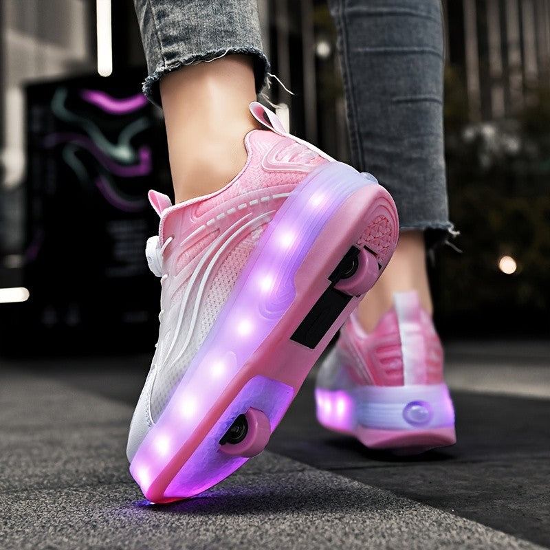 Kids Light-Up Roller Shoes with Removable Wheels, LED Flashing Gradient Skate Sneakers for Little Kid and Big Kid Outdoor Play in Three Colors