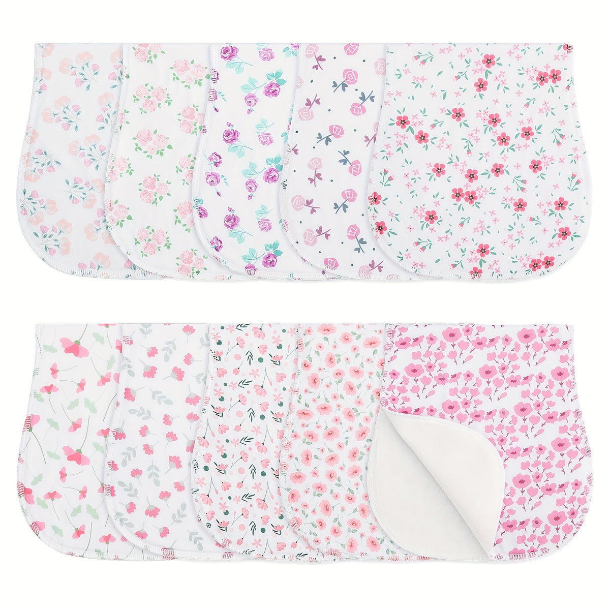 Printed Newborn Burp Cloths, 10-Piece Machine Washable Baby Washcloth and Burp Rag Set with Floral, Butterfly and Fox Style Options for Feeding