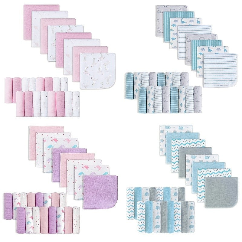 Soft Baby Washcloths 24-Pack, 9 x 9 Inch Absorbent Face and Body Bath Cloths with Whale, Elephant and Dinosaur Style Options for Everyday Care