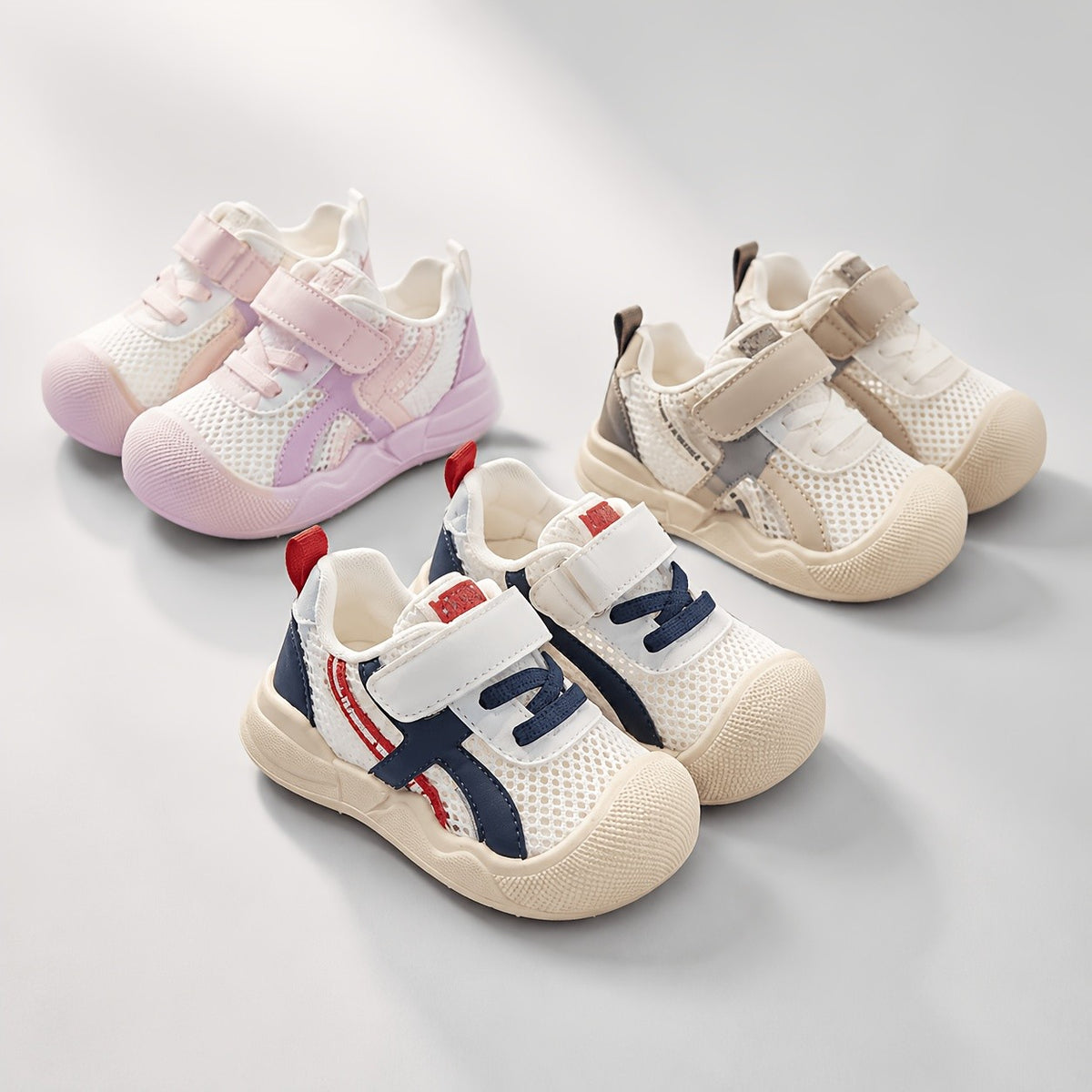 Toddler Mesh Strap Sneakers with Contrast Panels, Breathable Spring and Summer Walking Shoes for Boys and Girls in Pink, Camel or Blue, US Toddler Sizes 4-9