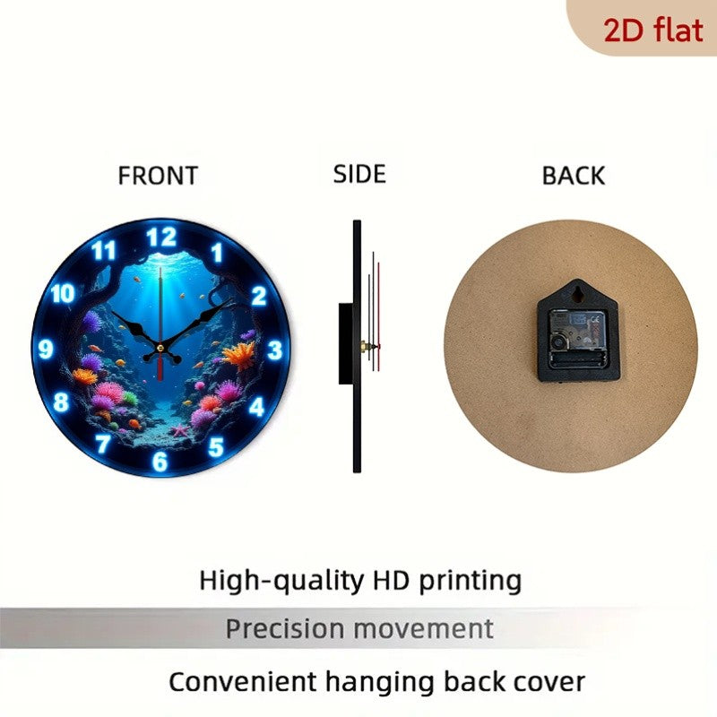 Underwater Nursery Wall Clock 10 Inch with Glow-in-the-Dark Fish and Coral Print, Silent Round 2D Flat Clock for Ocean-Themed Room Decor