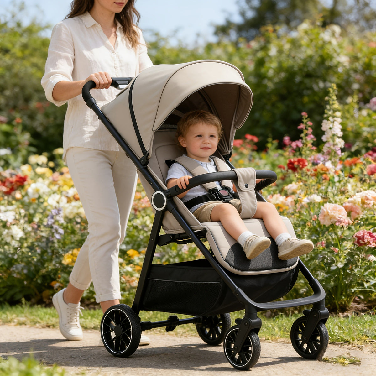 Compact Folding Baby Stroller with Reclining Seat, Canopy and Under-Seat Storage Basket, Black or Khaki Travel Pushchair for Family Outings