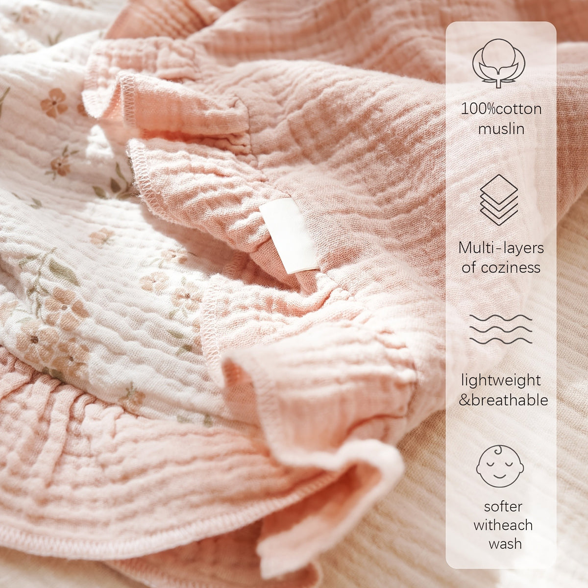Flounce Muslin Baby Blanket for Infants and Toddlers, 40 x 36 Inch Lightweight Cotton Nursery Blanket with Pink, Fawn and Bowknot Options