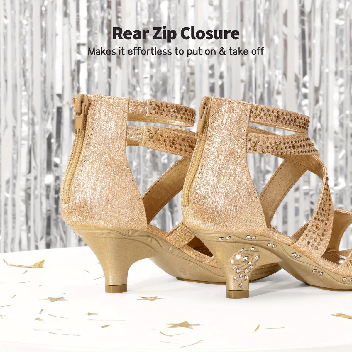 Girls Rhinestone Low Heel Sandals with Strappy Open Toe Design | Dress Shoes for Toddlers and Kids, Parties and Special Occasions