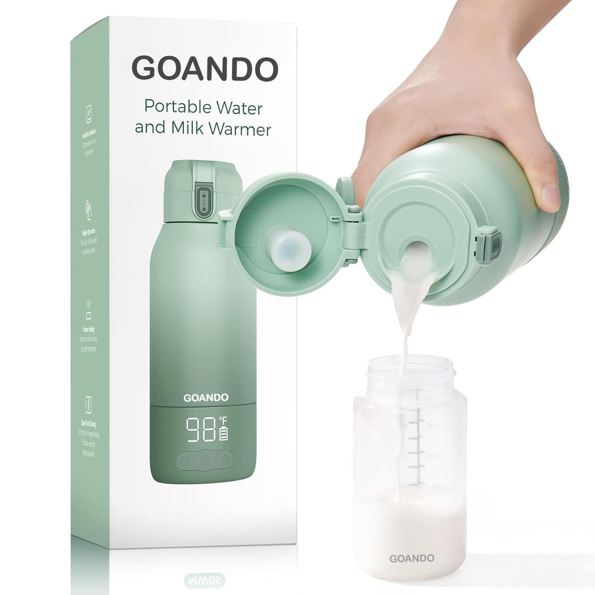 Rechargeable Travel Milk Warmer by GOANDO, 12 oz Cordless 80W Flask with 316 Stainless Steel Interior, Temperature Control, LED Display and Safety Lock