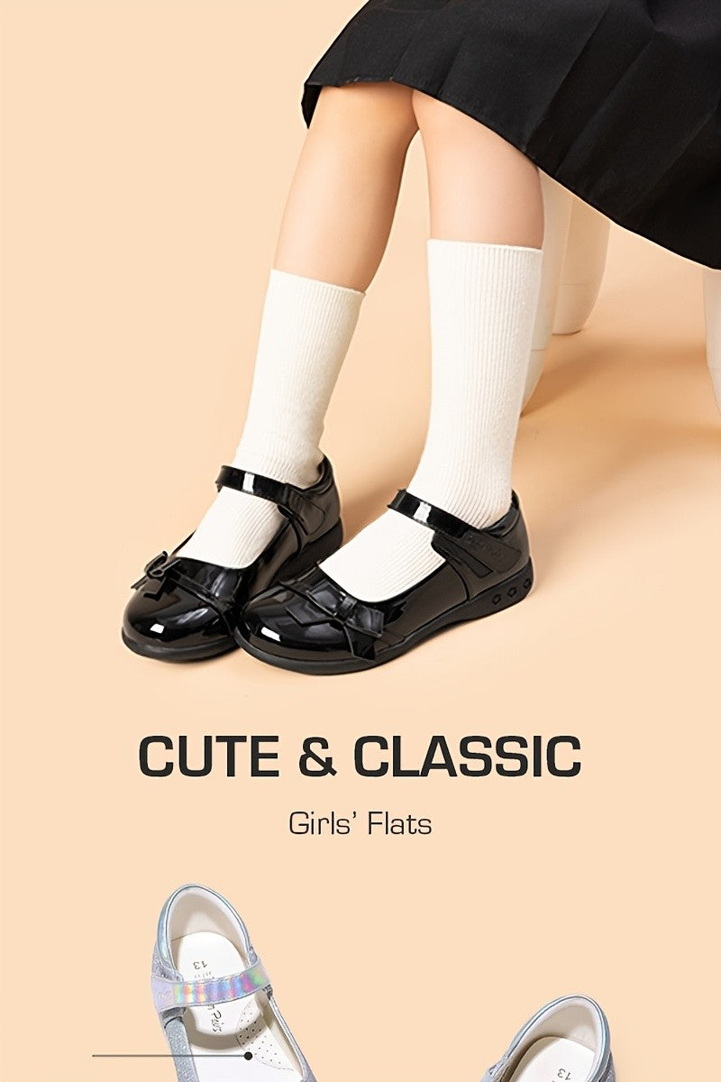 Latex-Cushioned Bow Mary Jane School Flats for Girls - Hook & Loop Strap, Round Toe, Comfortable Everyday Shoes for Toddler, Little Kid & Big Kid, Great for School, Party & Special Occasions