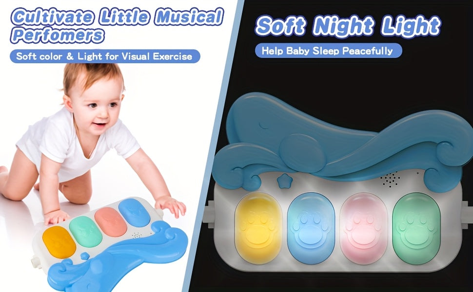 Kick and Play Piano Baby Activity Mat in Blue with Light-Up Keys, 4 Detachable Sensory Toys and Mirror for Newborn Tummy Time and Floor Play