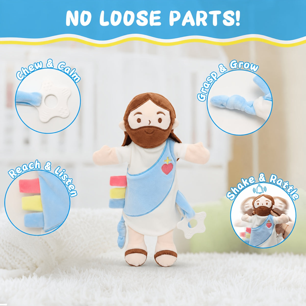 Baby Lovey with Teether, Jesus-Themed Soft Minky Velour Security Blanket with Crinkle Tags & Bell ā Soothing Comfort Toy for Baby Shower, Baptism & Birthday Gifts, Girl & Boy Friendly