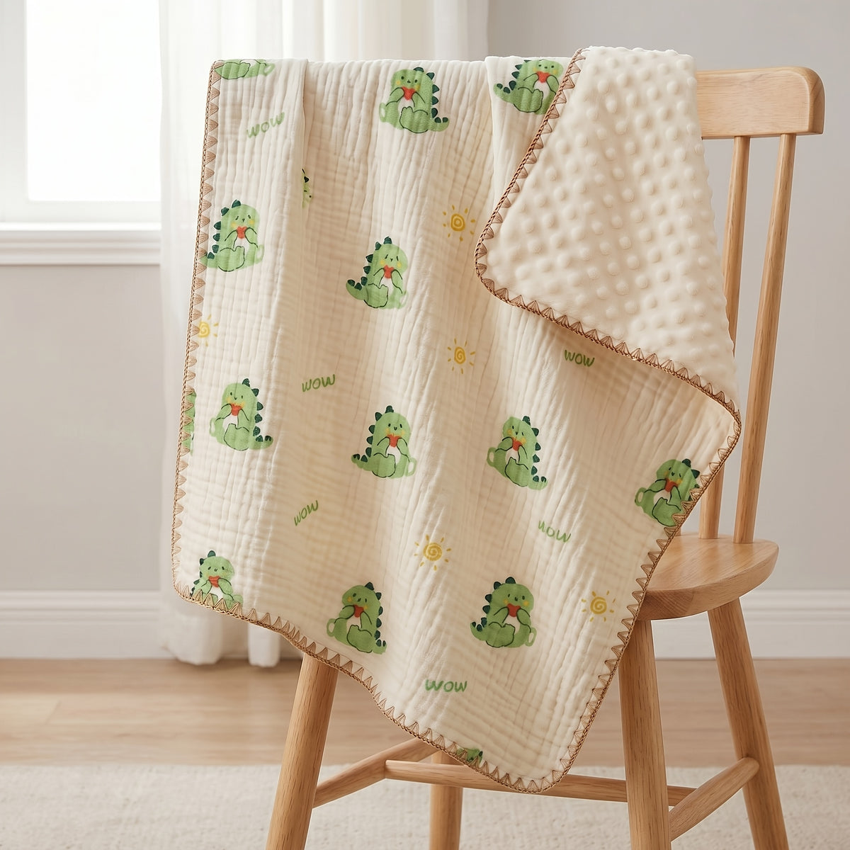 Double-Layer Baby Blanket with Cotton Gauze and Minky Dot Backing, 39.37 x 39.37 Inch Newborn Wrap in Bear, Rabbit and Dinosaur Prints