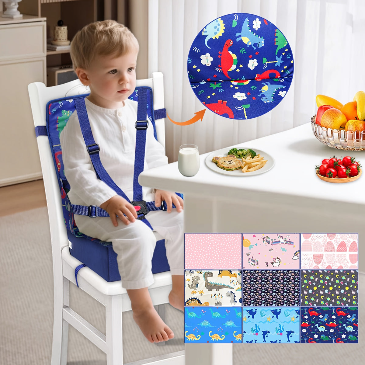 Kids Dining Chair Cushion with Backrest and Adjustable Straps, Foldable Oxford Cloth Seat Pad with Removable Washable Cover for Home and Travel