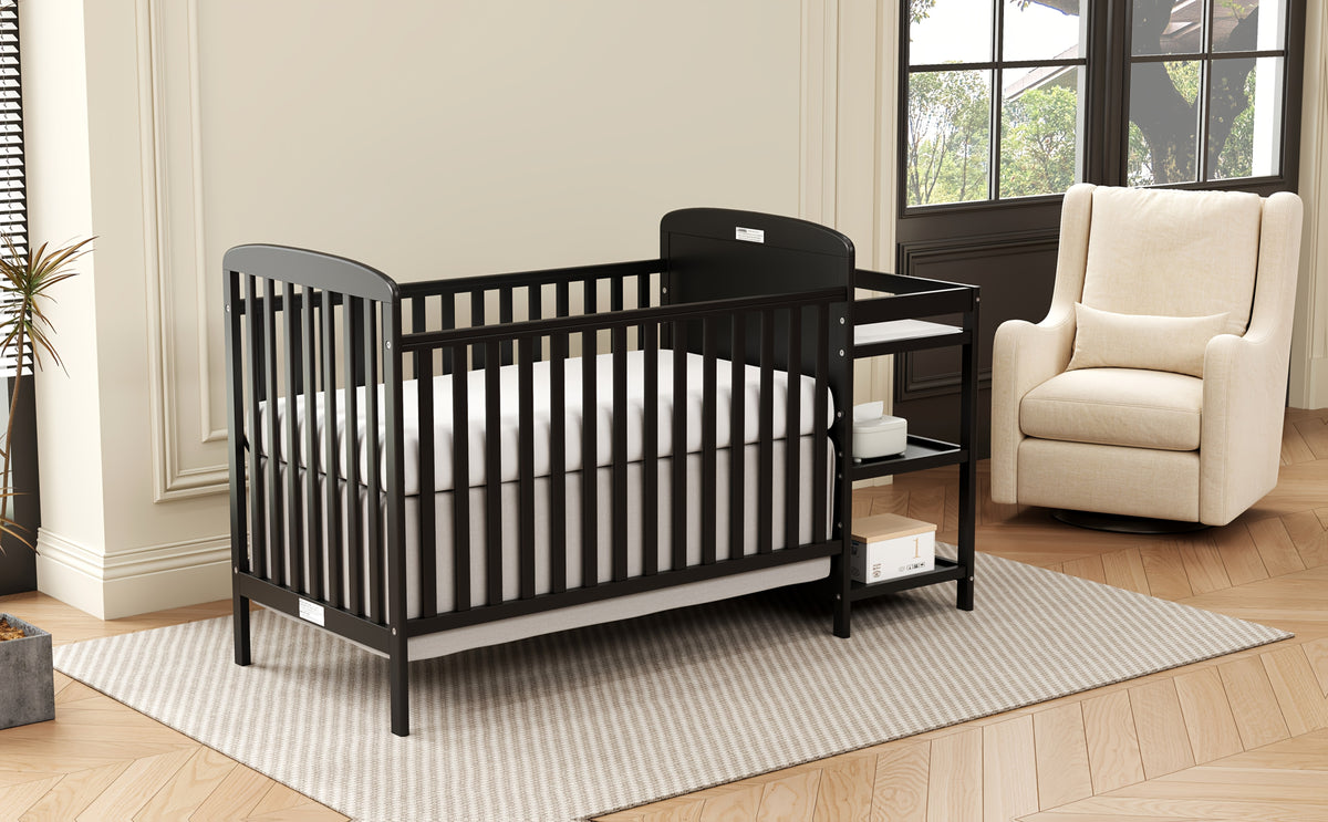 Baby Crib with Changing Table, Goldzone 4-in-1 Convertible Wooden Nursery Crib with Four Mattress Heights, Two Storage Shelves and Toddler Bed Conversion, White