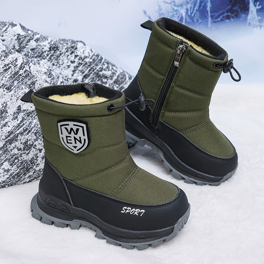 Fleece-Lined Kids Winter Snow Boots - Waterproof Nylon Upper, Anti-Slip Thick Sole, Zip & Drawstring Closure for Boys & Girls, Warm Outdoor Winter Footwear with Durable Rubber Sole
