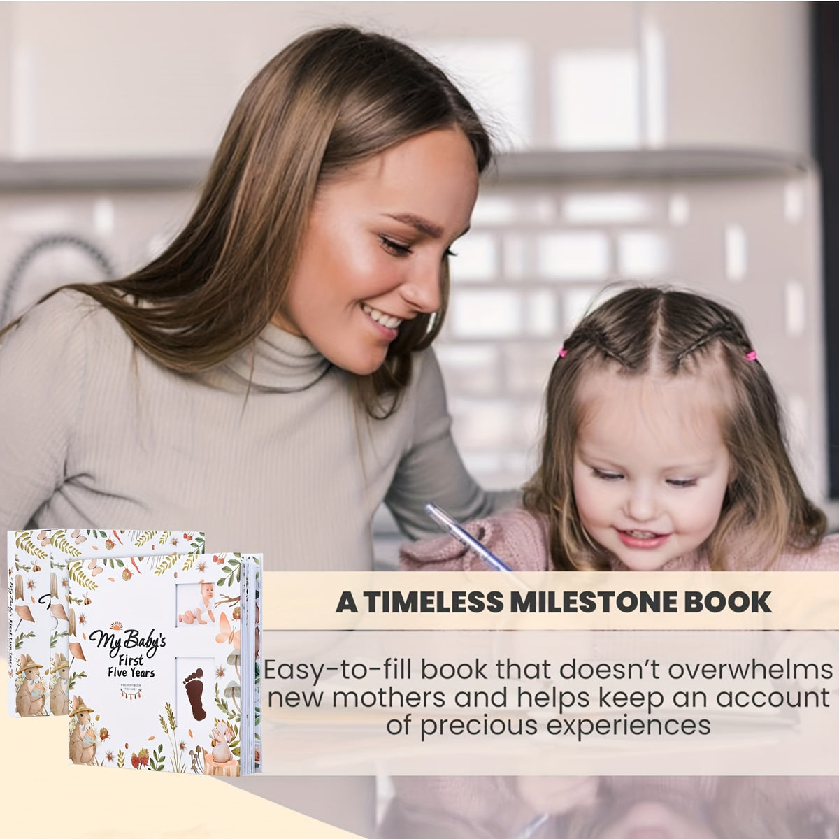 Baby Memory Book for First 5 Years, 124-Page Gender-Neutral Woodland Milestone Journal with Photo Spaces, Gold Foil Cover and Lay-Flat Binding