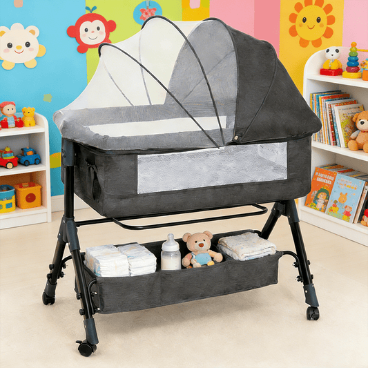 Bedside Bassinet with Lockable Wheels, Height-Adjustable 3-in-1 Crib-Side Infant Sleeper with Mosquito Net and Storage Bag, Dark Gray
