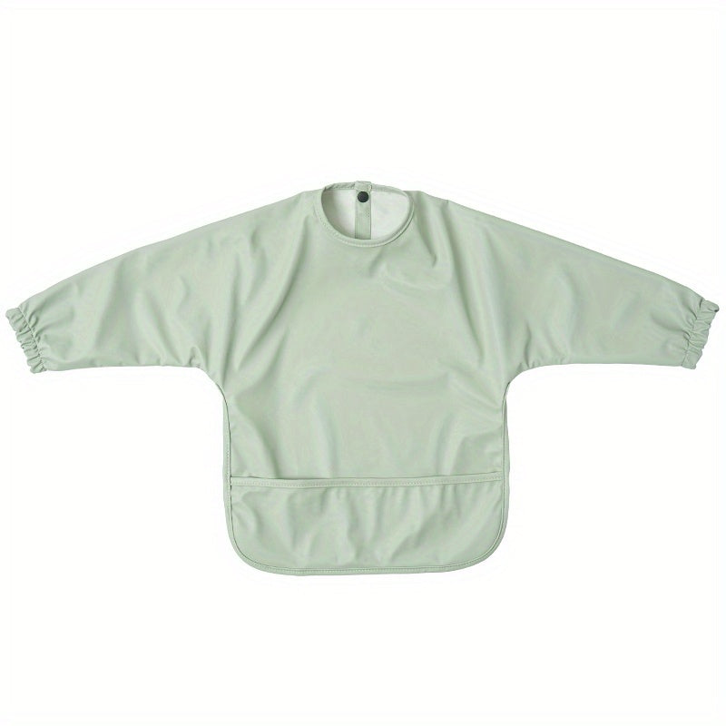 Sleeved Baby Bib with Food Pocket, Wipeable Long Sleeve Feeding Smock with Snap Closure for Babies and Toddlers 6-36 Months at Mealtimes
