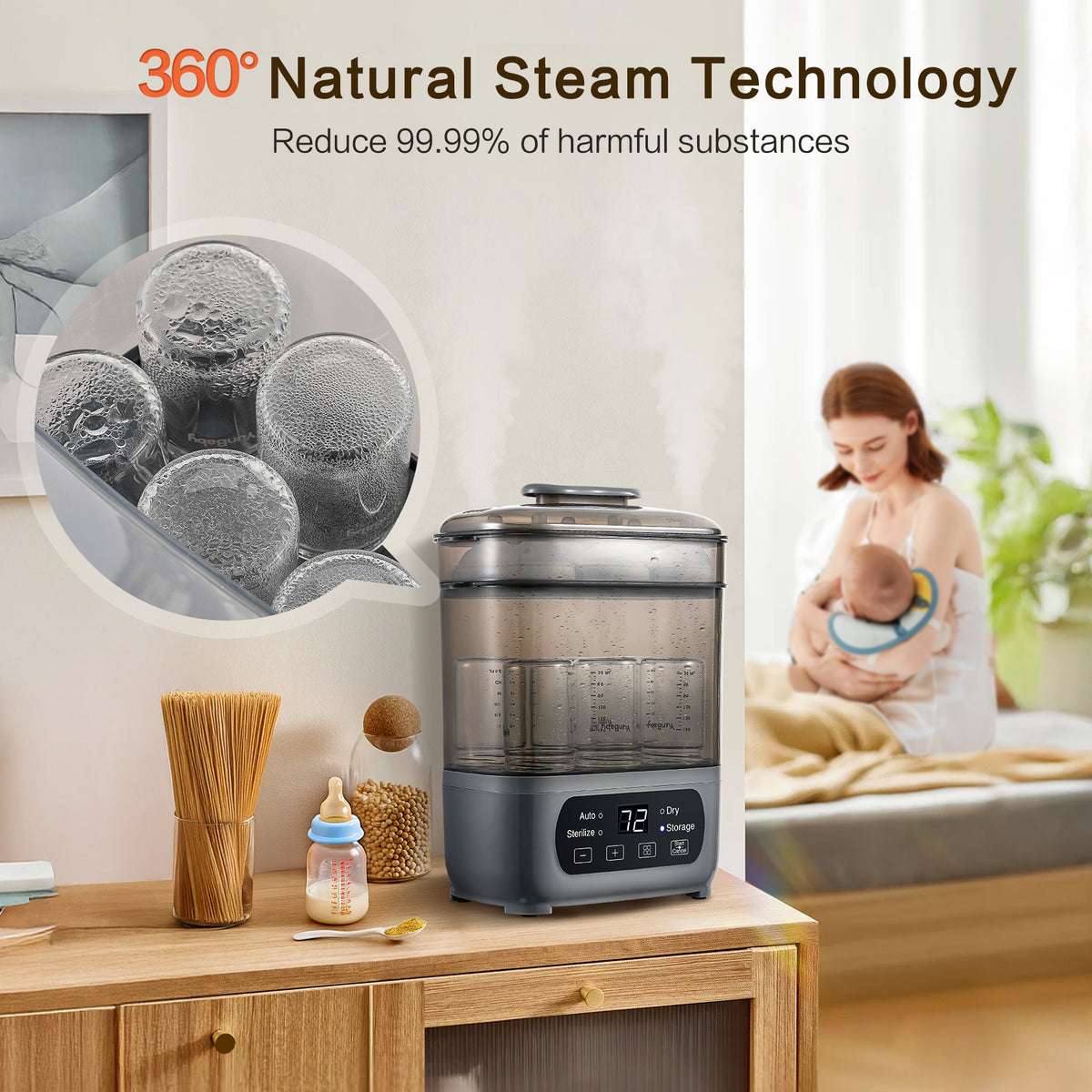 Modular Baby Bottle Steamer and Dryer with LED Touch Screen and Auto Shut-Off, Electric Countertop Care for Compatible Bottles and Pump Parts
